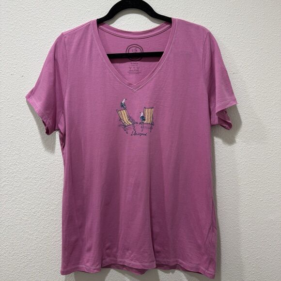 Life Is Good Birds On Chairs Womens Short Sleeve V-Neck T Shirt Pink Sz L - Picture 1 of 6